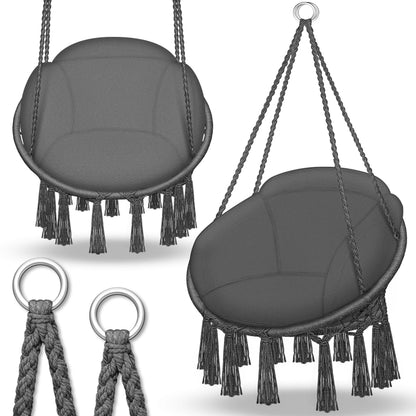 tillvex Hängesessel TVHS011 mit Kissen, Hängestuhl bis 200 kg – Hängekorb aus Baumwollgeflecht mit Zierquasten