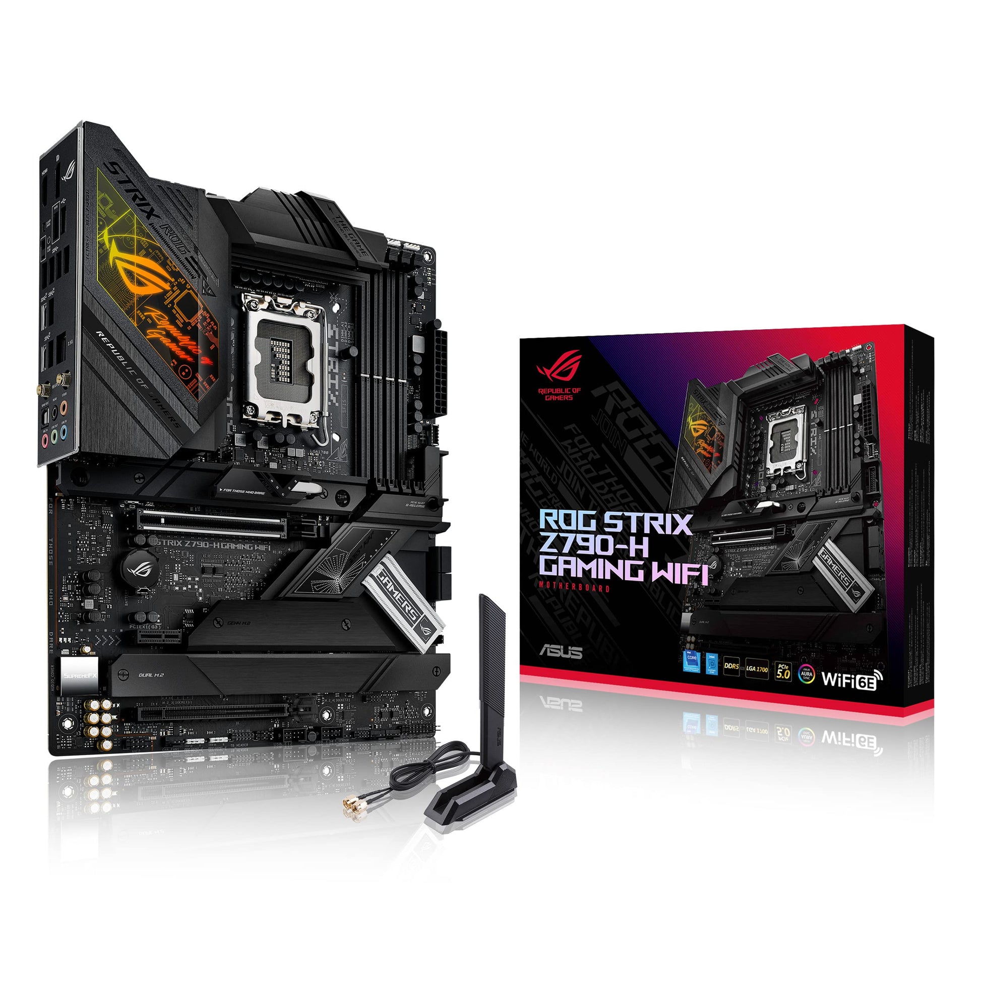 ASUS ROG STRIX Z790-H GAMING WIFI Mainboard - Intel Z790 LGA 1700. Schwarzes ATX-Mainboard mit roten Akzenten. Basis für Intel LGA 1700 CPUs in Gaming-PCs.