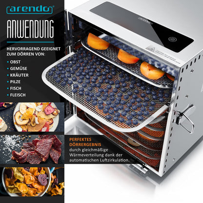 Arendo Dörrautomat Edelstahl – 8 Fächer, 500W Lebensmittel Dehydrator