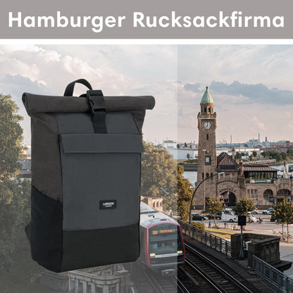 LARKSON No 4 Rolltop Rucksack Schwarz Grau mit Laptopfach 16 Zoll