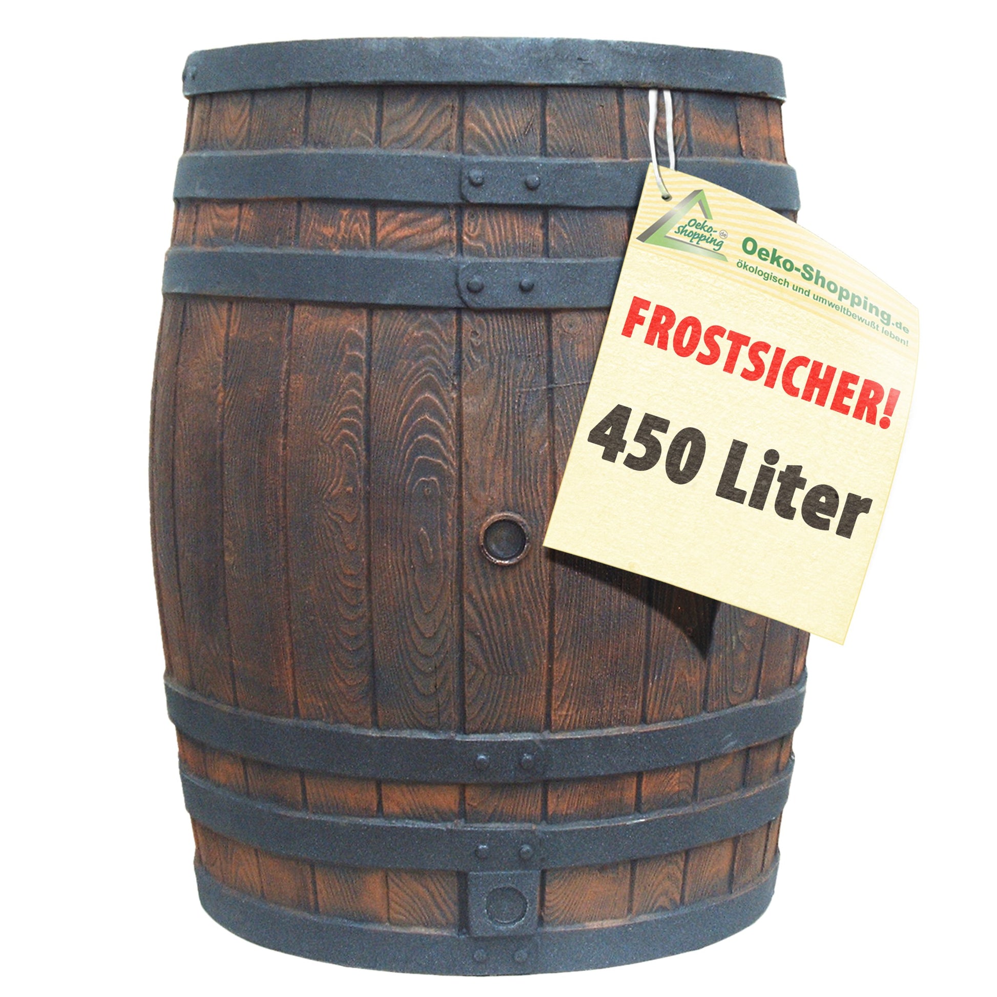 AMUR Regentonne Eichenfass 450 L mit Deckel und Auslaufhahn, braun – PE in Holzoptik