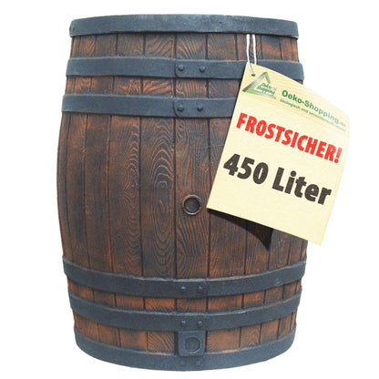 AMUR Regentonne Eichenfass 450 L mit Deckel und Auslaufhahn, braun – PE in Holzoptik