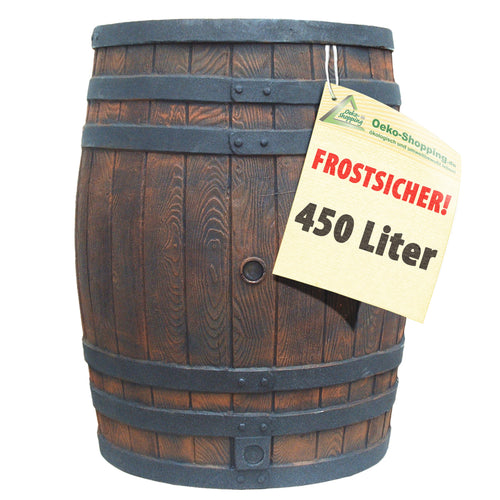 AMUR Regentonne Eichenfass 450 L mit Deckel und Auslaufhahn, braun – PE in Holzoptik