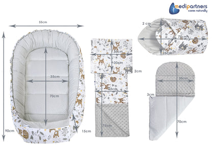 Medi Partners Babynest Set 5-teilig – Reh mit Grauem Minky