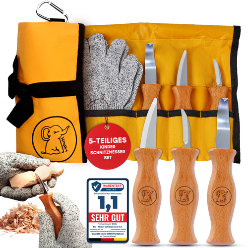 Eli Schnitzmesser Kinder Set, 5-teilig mit schnittfesten Handschuhen, Buchenholzgriffe