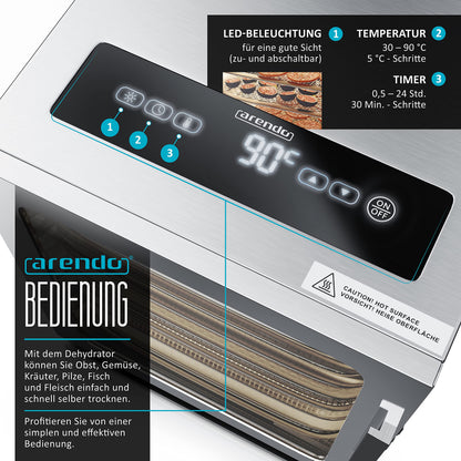 Arendo Dörrautomat Edelstahl – 8 Fächer, 500W Lebensmittel Dehydrator