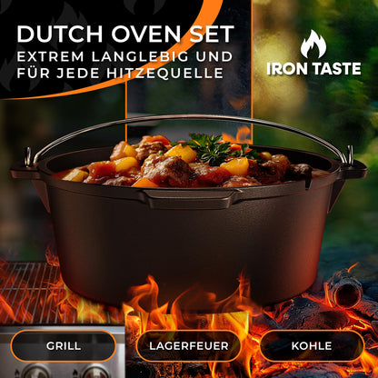 IRON TASTE Dutch Oven Set 12L gusseiserner Feuertopf mit Deckelheber