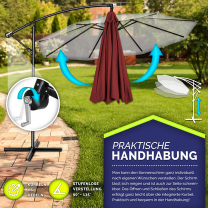 tillvex Ampelschirm Ø 300 cm, Alu-Sonnenschirm mit Kurbel, Rot