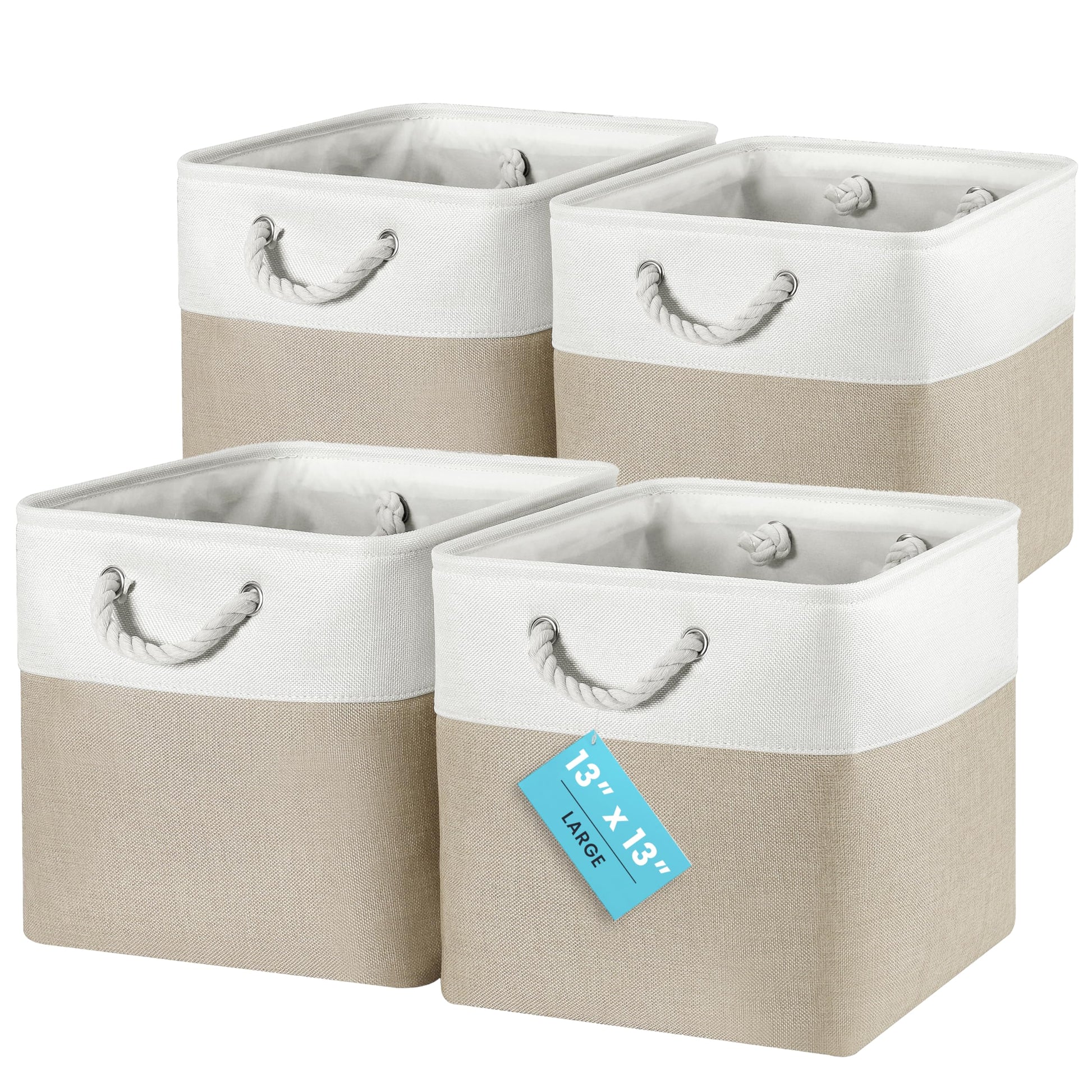 OrganiHaus Aufbewahrungsbox Stoff 4er-Set, 33x33x33 cm, Beige/Weiss – faltbare Stoffkörbe mit Seilgriffen