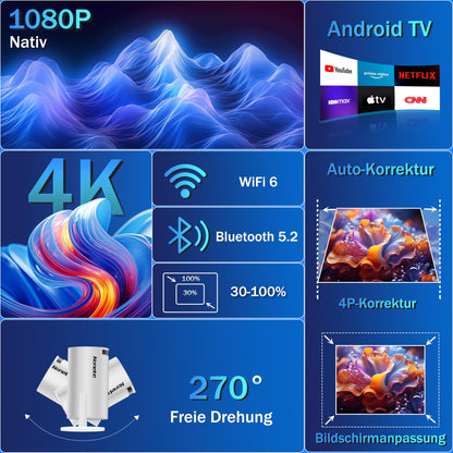 Mini 2026 Modell 4K Beamer Projektor - Android WLAN Weiss