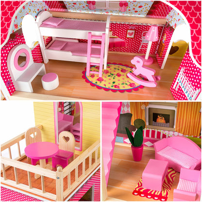 Kinderplay Puppenhaus Holz Villa 3 Etagen – Gross LED 90cm