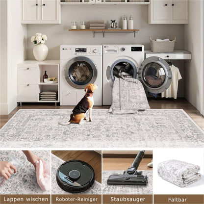 HUGEAR Vintage Runder Teppich - Waschbar Grau 150cm