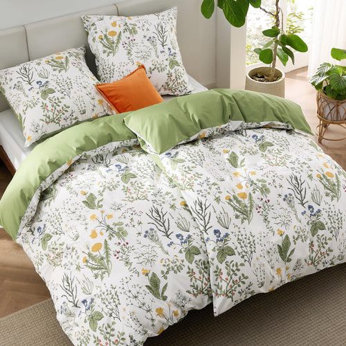 BEDSURE Bettwäsche 135x200 4teilig Baumwolle Salbeigrün Blumen, Bettbezug mit Kissenbezug und Reissverschluss