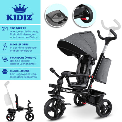KIDIZ® 6in1 Kinderdreirad lenkbar mit Schubstange klappbar Grau