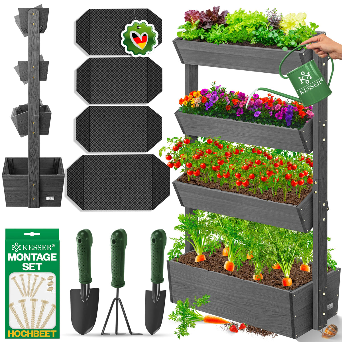 KESSER Hochbeet 4 Etagen, Blumentreppe aus Tannenholz, Anthrazit – Stufenbeet für Garten und Balkon