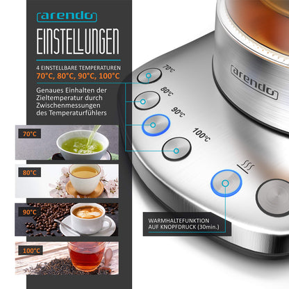 Arendo Glas Teekocher & Wasserkocher – Temp. Einstellung, Teesieb