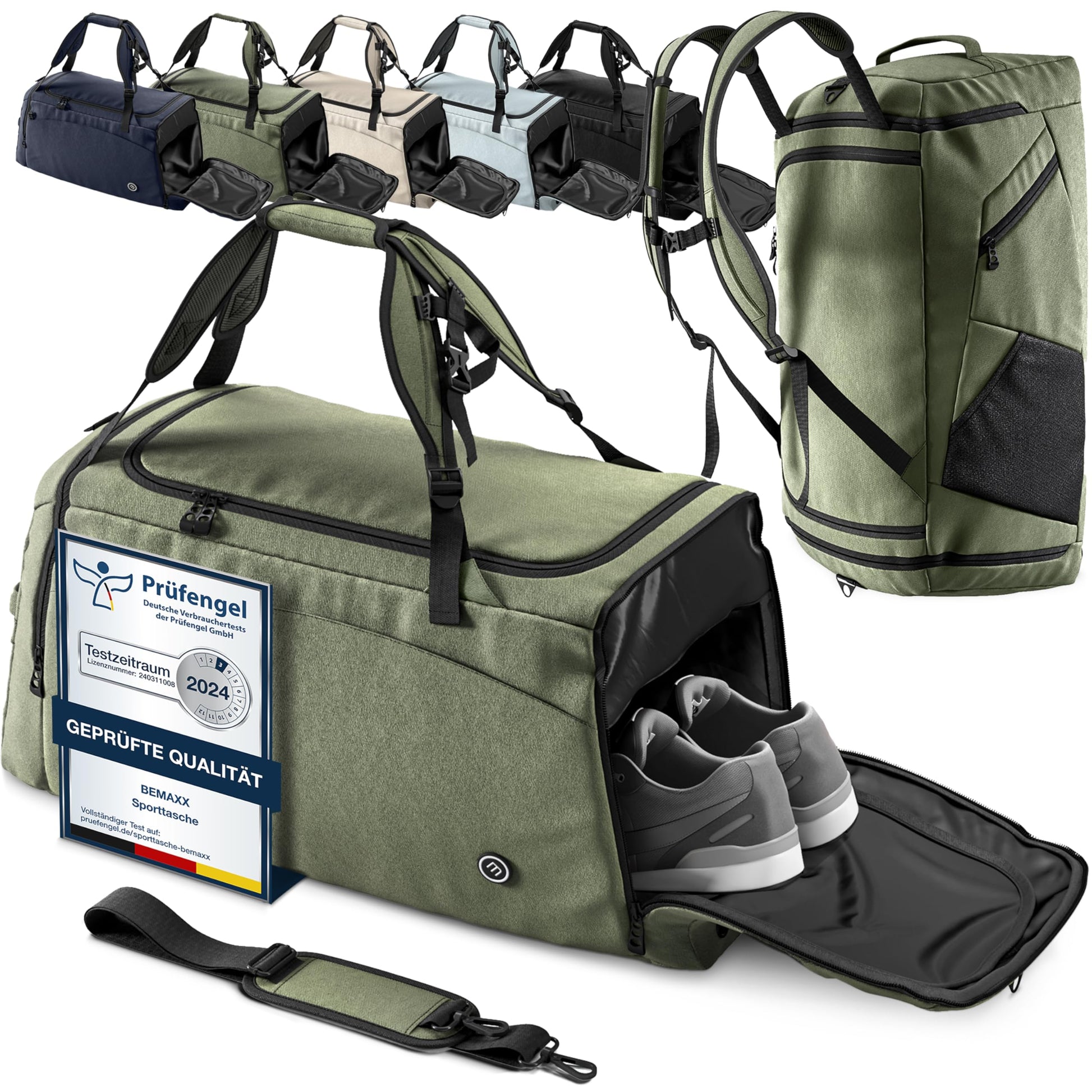BeMaxx Sporttasche GR3 mit Rucksackfunktion, Schuhfach, 40 L, Grün aus Polyestergewebe