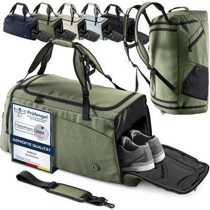BeMaxx Sporttasche GR3 mit Rucksackfunktion, Schuhfach, 40 L, Grün aus Polyestergewebe