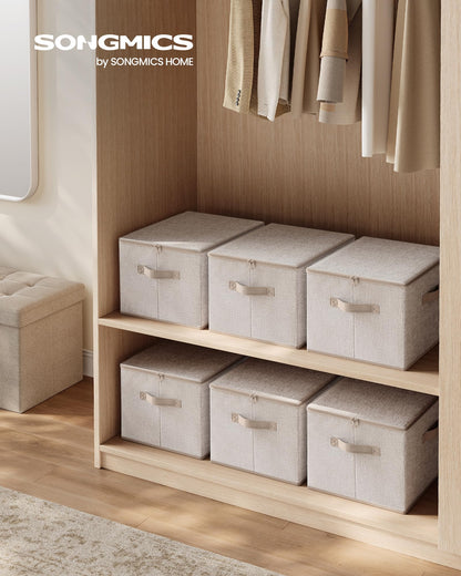 SONGMICS Aufbewahrungsbox mit Deckel, 6er Set, faltbar, sandbeige