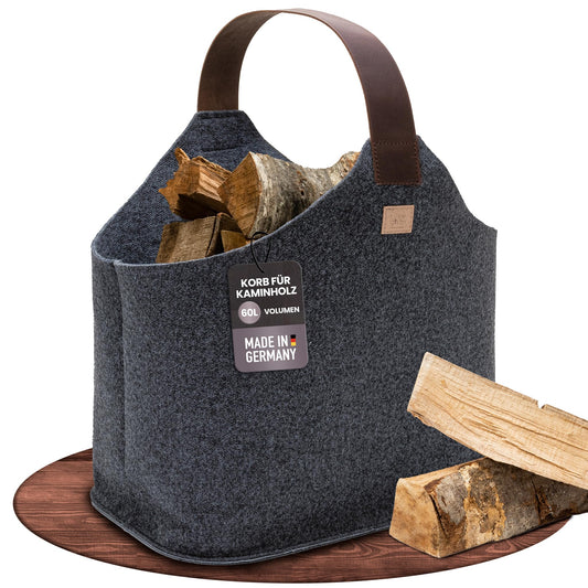 easy and green® Filz Kaminholzkorb 60L mit Taschen - Anthrazit. Rechteckiger Korb zum Lagern und Transportieren von Kaminholz.