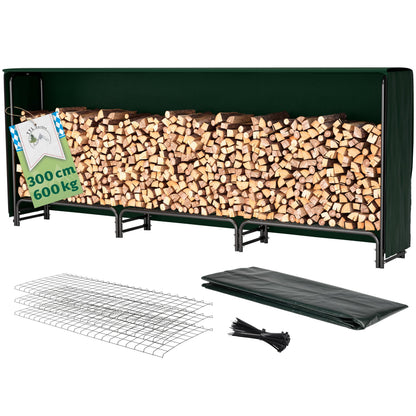 TTL Garden Kaminholzregal L mit Abdeckung, 300 x 36 x 116 cm, schwarz, Stahlrohrrahmen mit Gitterböden