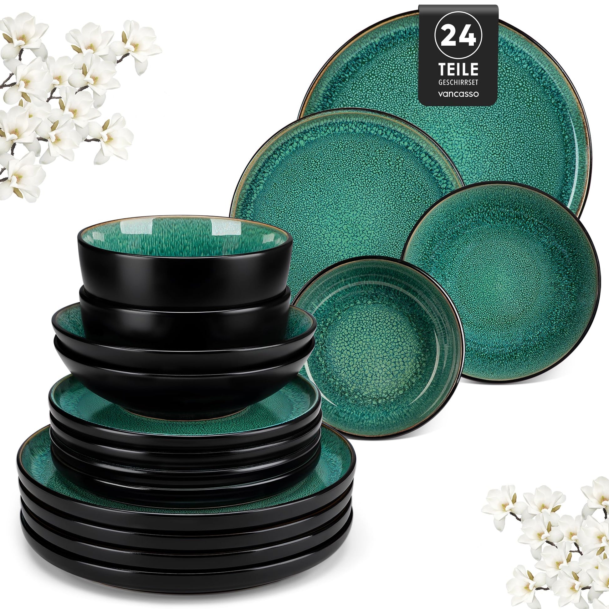 vancasso PLAYA Steingut Geschirrset 24tlg für 6 Personen Grün, runde Teller und Schalen zum Servieren von Speisen.