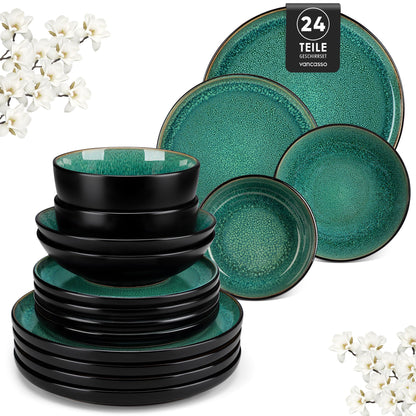 vancasso PLAYA Steingut Geschirrset 24tlg für 6 Personen Grün, runde Teller und Schalen zum Servieren von Speisen.
