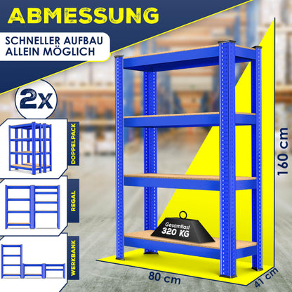 MASKO Schwerlastregal 2er-Set, 160 x 80 x 40 cm, 700 kg, Blau