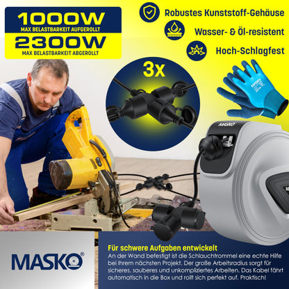 MASKO® Automatik Kabeltrommel Verlängerungskabel 20m mit 3-Fach Anschluss 180° drehbar 1,5m Zuleitung Wandhalterung Werkstatt Kabelaufroller Automatisch Stromtrommel Schlauchaufroller Inkl. Handschuhe