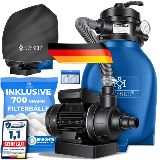 KESSER® Sandfilteranlage Poolfilter – 10 m³/h Filterbälle Blau. Blauer Filterbehälter mit Multiportventil. Reinigt Poolwasser.