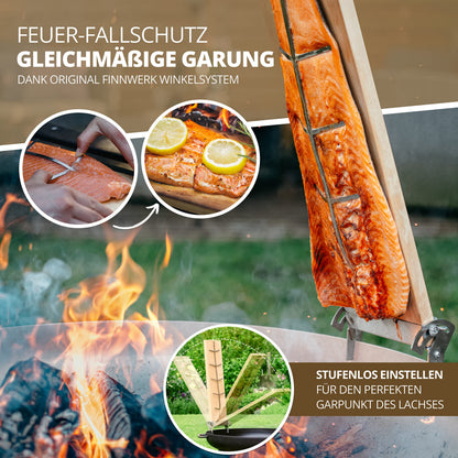 FINNWERK Flammlachsbrett aus Birke mit Edelstahlhalterung