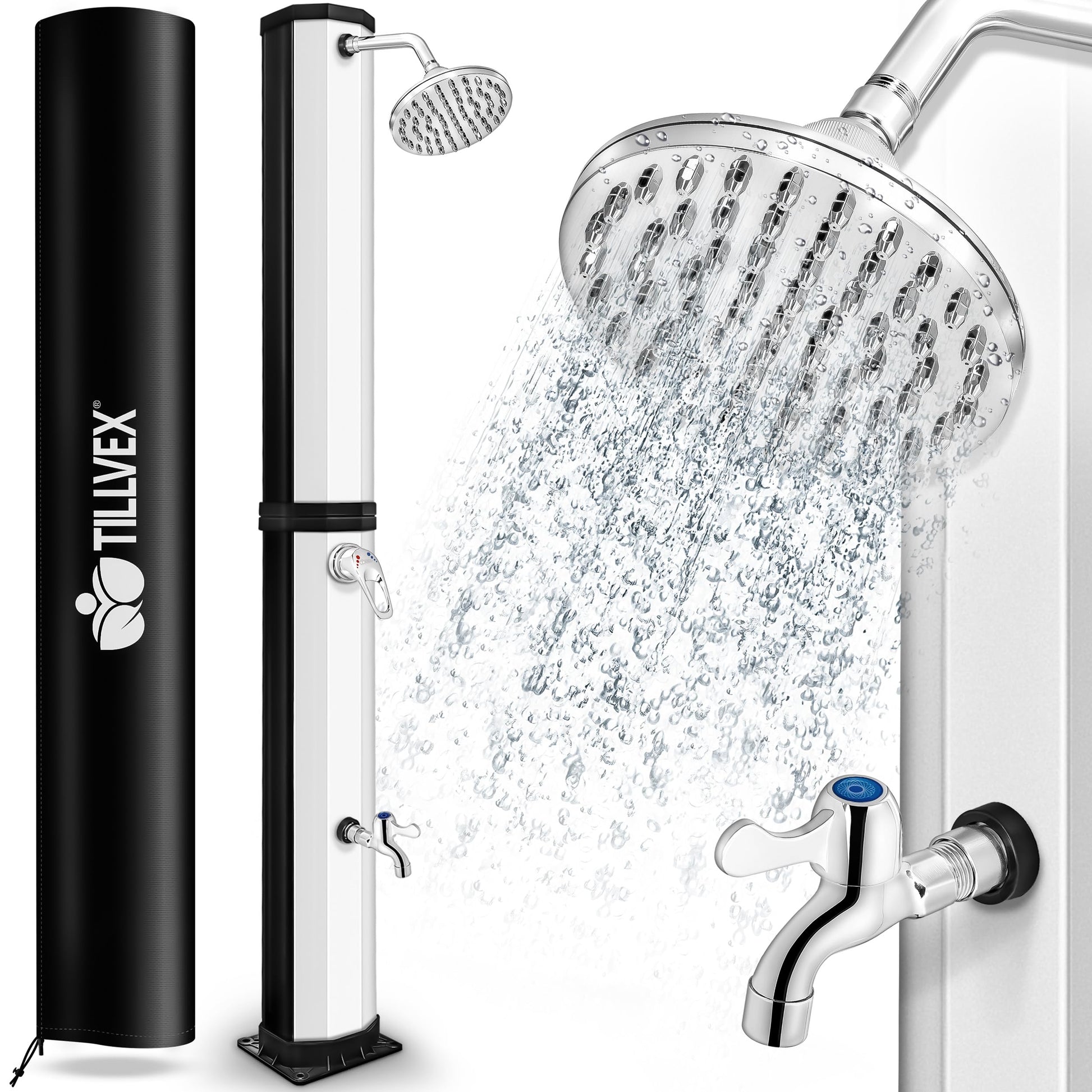 tillvex Solardusche 35 Liter Gartendusche mit Regenduschkopf, Silber, UV-beständiger Kunststoff