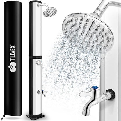 tillvex Solardusche 35 Liter Gartendusche mit Regenduschkopf, Silber, UV-beständiger Kunststoff