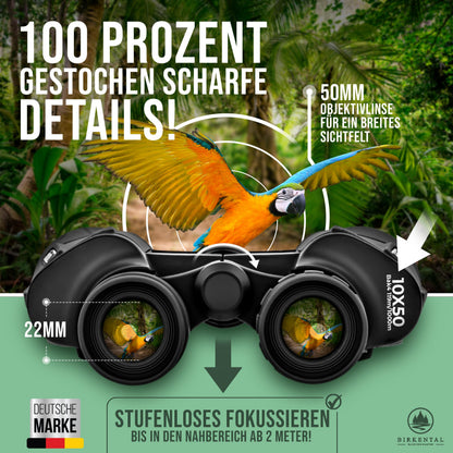 Birkental Fernglas 10x50 Schwarz wasserdicht inkl. Zubehör