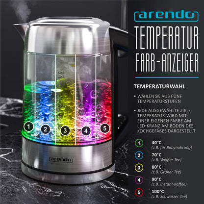 Arendo BLOOM Glas-Wasserkocher mit Temperatureinstellung, 1,7 l