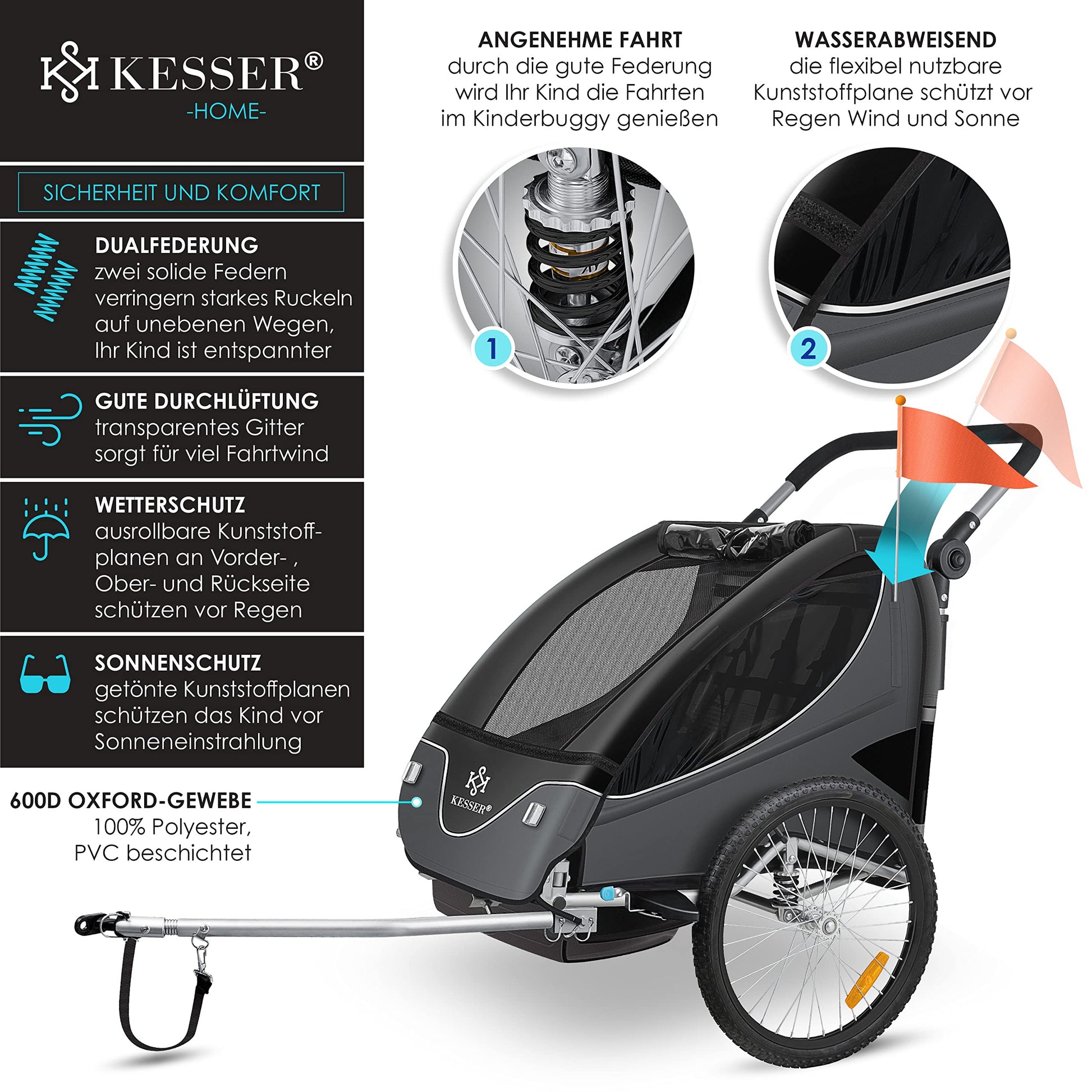 Kinderfahrradanhänger KESSER 2-in-1, schwarz –