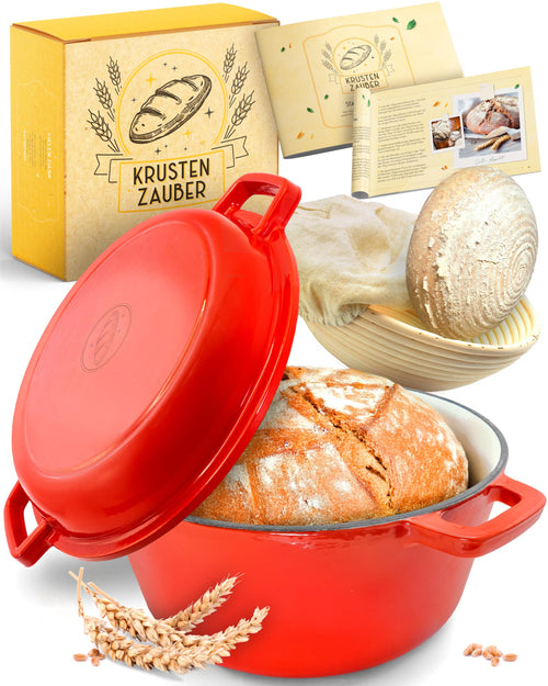 KRUSTENZAUBER Gusseisen Topf Brot Backen Emaille 26cm. Runder, schwarzer, emaillierter Gusseisentopf. Optimale Hitzeverteilung für knuspriges Brot.