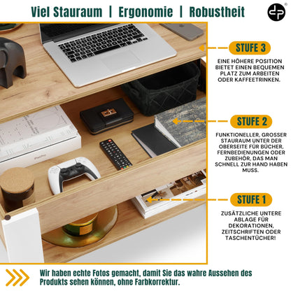 defiPad Höhenverstellbarer Ausziehbarer Couchtisch - Weiss Eiche