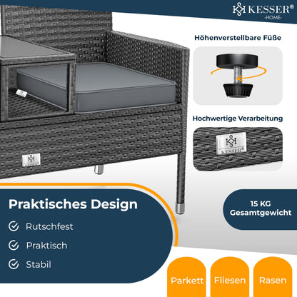 KESSER® Polyrattan Gartenbank 2-Sitzer mit Tisch – Anthrazit