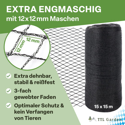 TTL Garden Teichnetz Vogelschutznetz - 15x15m Schwarz 12x12mm