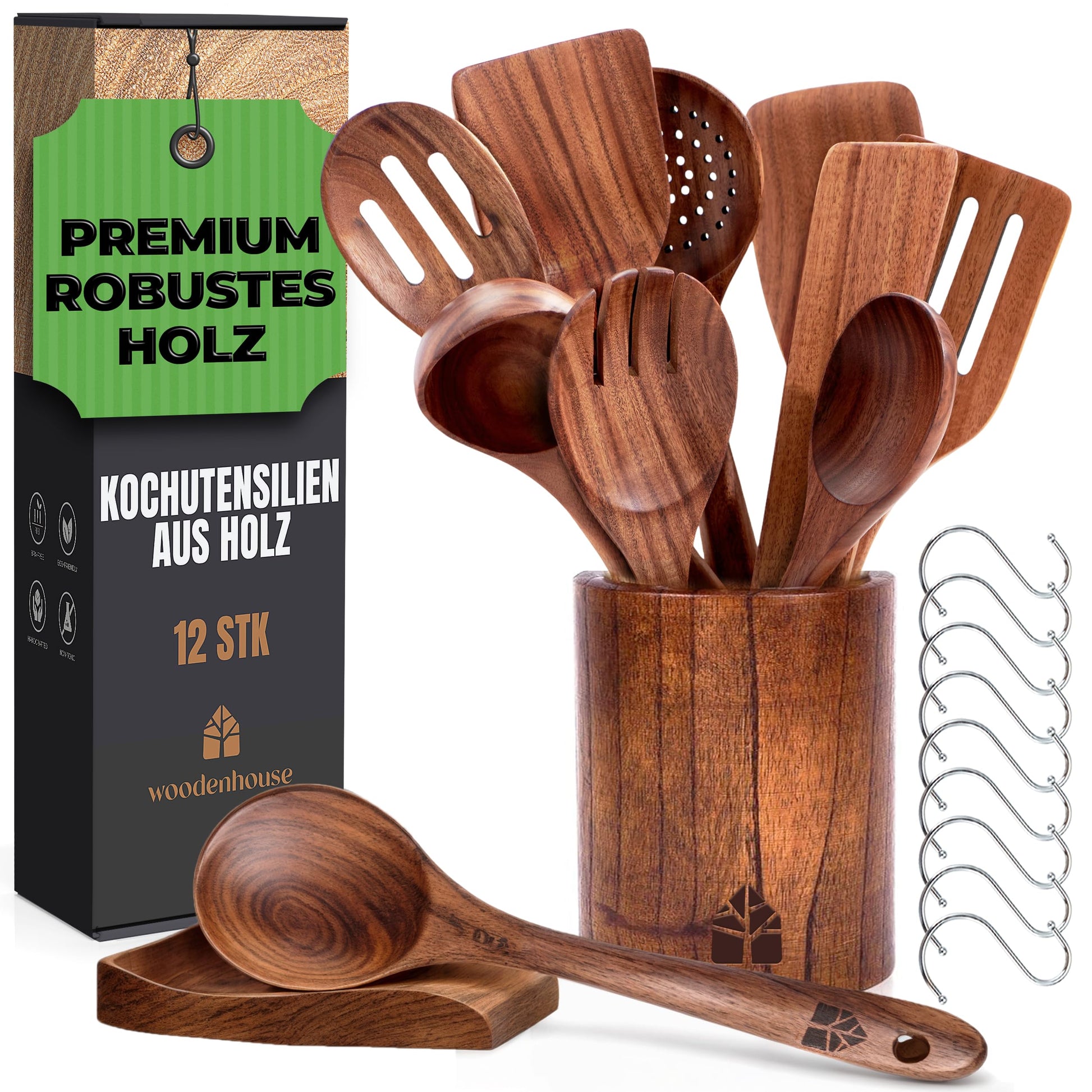 Woodenhouse Kochbesteck Set 12-teilig aus Teakholz mit Halter – Kochlöffel und Pfannenwender aus Holz