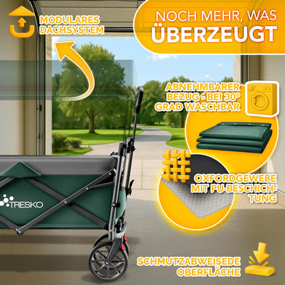 TRESKO Bollerwagen Faltbar Handwagen mit Dach, Kühlfach 150kg – Grün