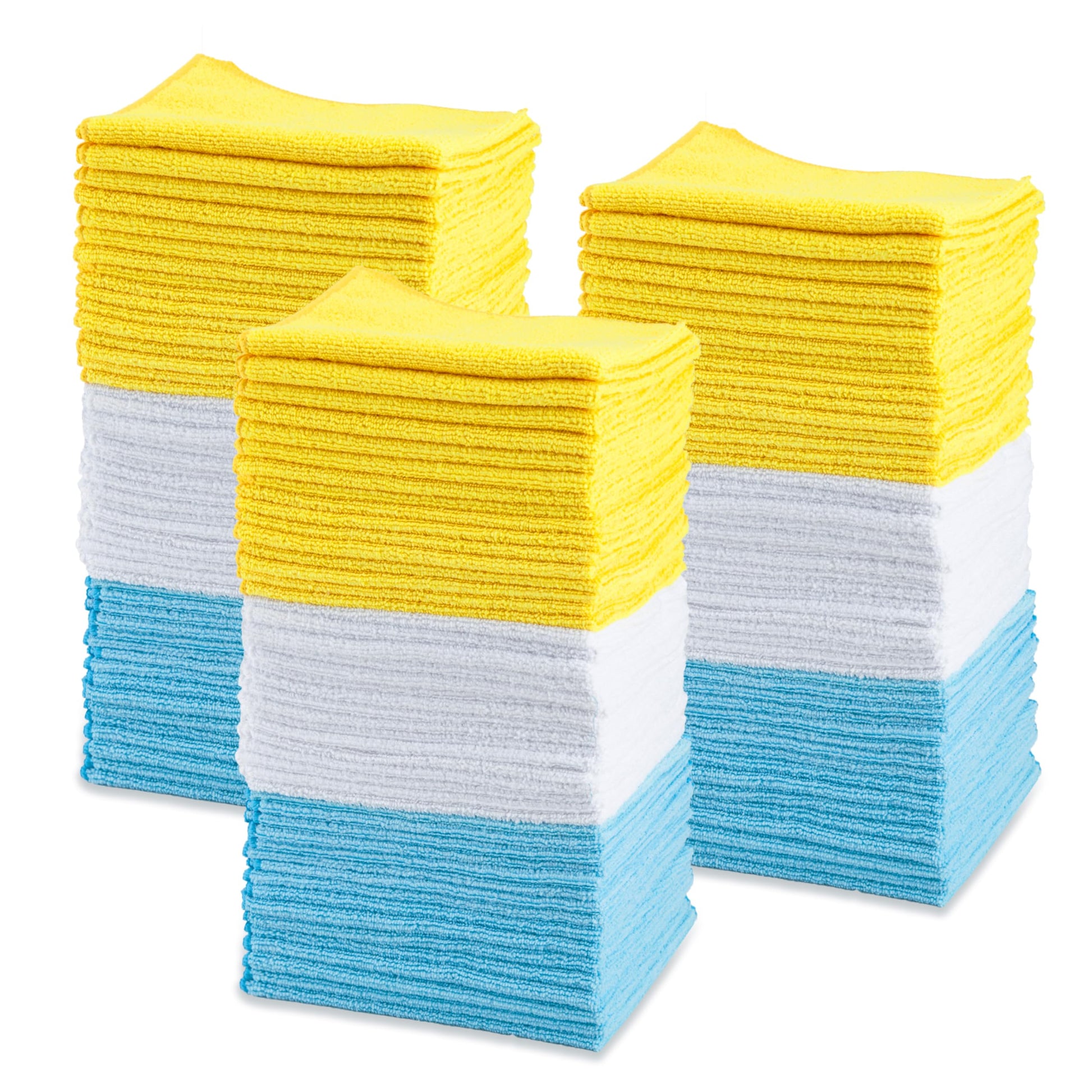 Amazon Basics Mikrofaser-Reinigungstuch, 30.5 x 40.6 cm, 144 Stück – Tücher in Blau, Gelb und Weiss