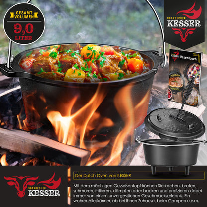 KESSER® Dutch Oven Set BBQ 9L - Gusseisen Feuertopf mit Füssen