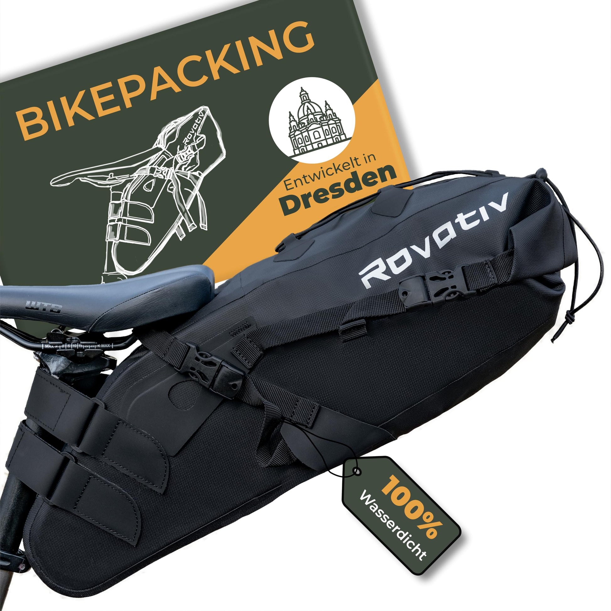 Rovativ Bikepacking Satteltasche ST1, 10 Liter, wasserdicht, TPU, mit Klettbändern für Gravelbike und MTB