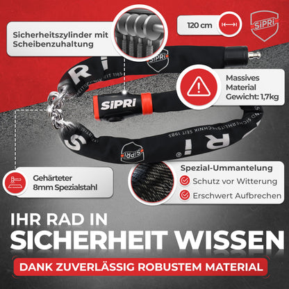SiPRi Fahrradschloss mit Alarm, Kettenschloss 8 mm Stahl, 120 cm