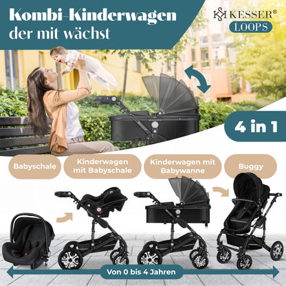 KESSER Loops 4-in-1 Kombikinderwagen mit Babyschale, Schwarz