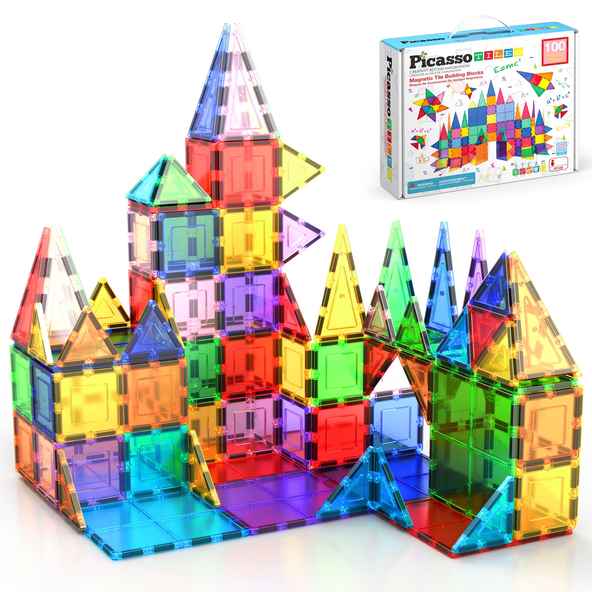 PicassoTiles PT100 Magnetische Bausteine Set, 100-teilig, ab 3 Jahren, transparente Magnetplättchen