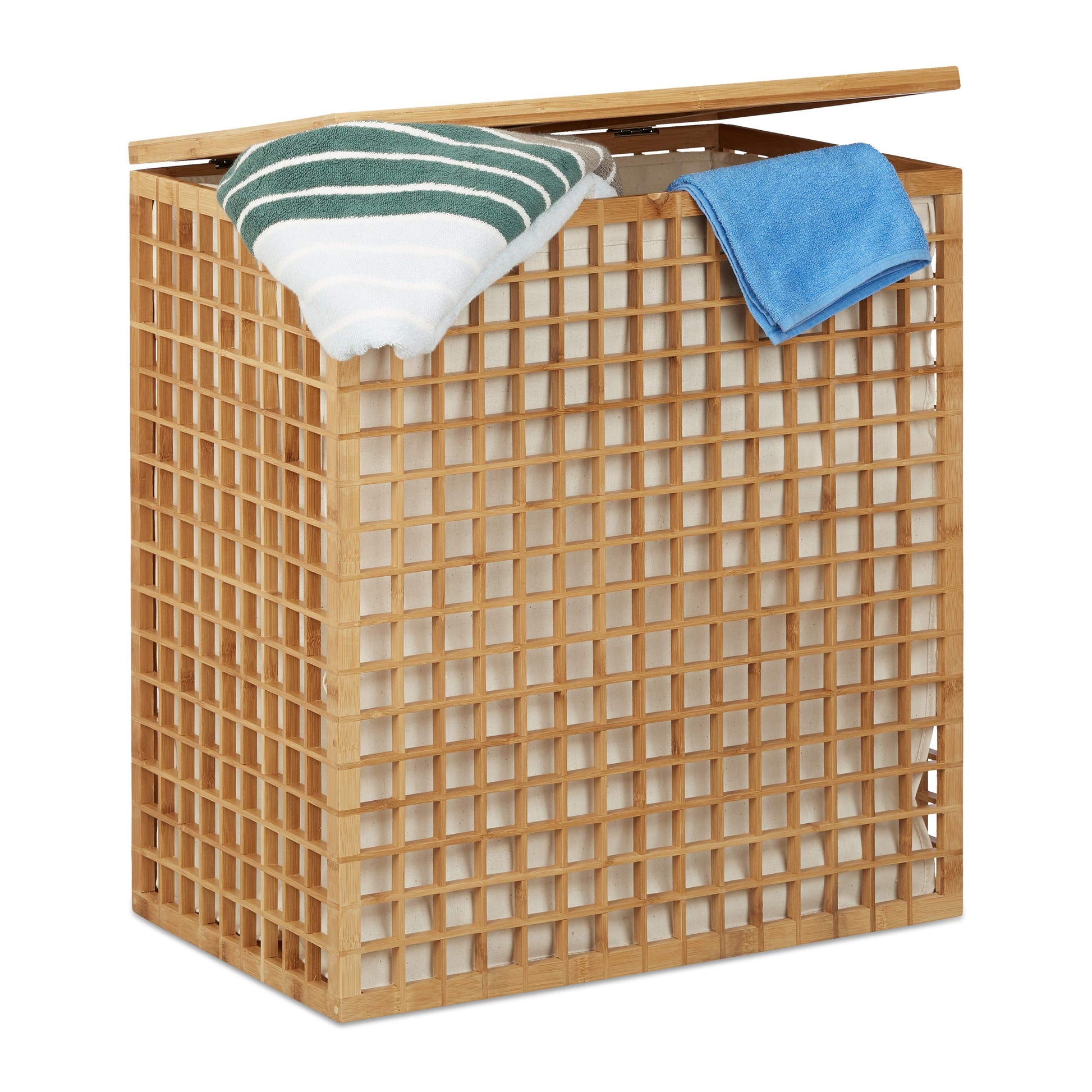 Relaxdays Wäschesammler 2 Fächer eckig, naturfarben, 96L. Trennt und sammelt Schmutzwäsche in zwei Abteilen.