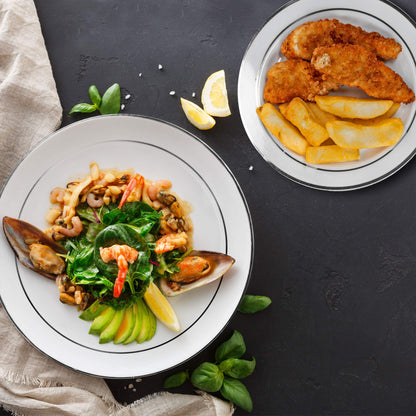 MATANA Plastikteller 120 Stk. – Weiss Silberrand, 2 Grössen